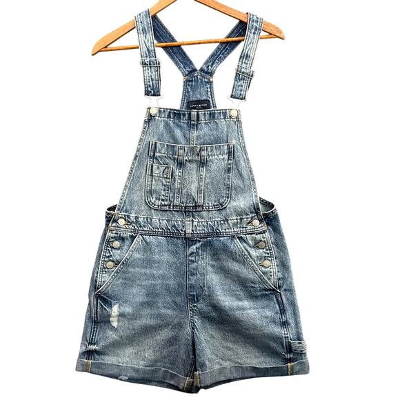 Lucky Brand 90s Distressed Carpenter Denim Blue Jean Overall Shortalls Women XS - Picture 1 of 8
